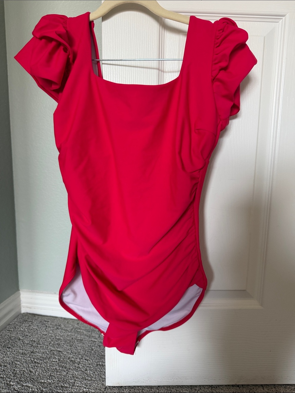 Red Ruffle-Sleeve One-Piece Swimsuit - Picture 3 of 7